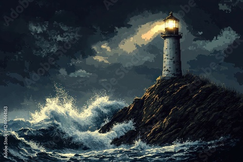 A stormy sea with towering waves crashing against a lone pixelated lighthouse perched on a rocky cliff, its light shining brightly through the dark sky.