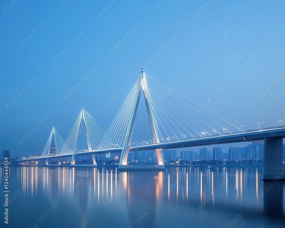 Obraz premium A stunning view of a modern bridge illuminated at dusk, reflecting beautifully on the calm water beneath.