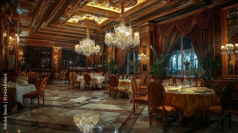 Fototapeta premium An upscale restaurant with elegant chandeliers, fine dining tables, and luxurious decor.