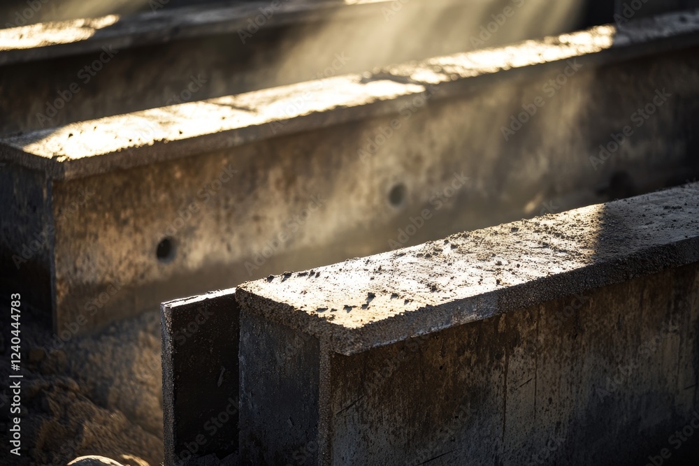 Sunlit concrete beams, construction site, dusty Sunlit concrete beams, construction site, dusty
