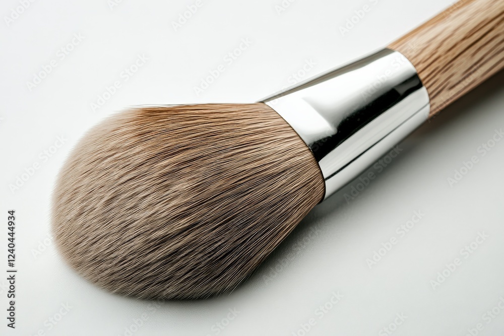 Close-up view of a makeup brush showcasing its soft bristles and wooden handle in natural light Close-up view of a makeup brush showcasing its soft bristles and wooden handle in natural light