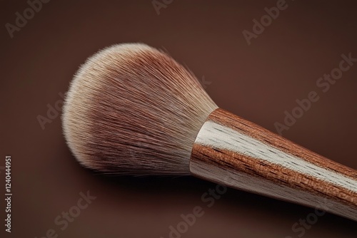 Soft brush with wooden handle resting on a smooth surface ideal for makeup application and artistry needs photo