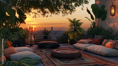 Wallpaper Mural Tranquil rooftop lounge with cozy cushions, lush greenery, and warm sunset lighting creating a serene urban escape. Torontodigital.ca