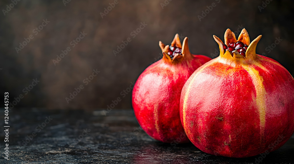 Fresh Pomegranates on Dark Stone Surface with Rustic Background Fresh Pomegranates on Dark Stone Surface with Rustic Background