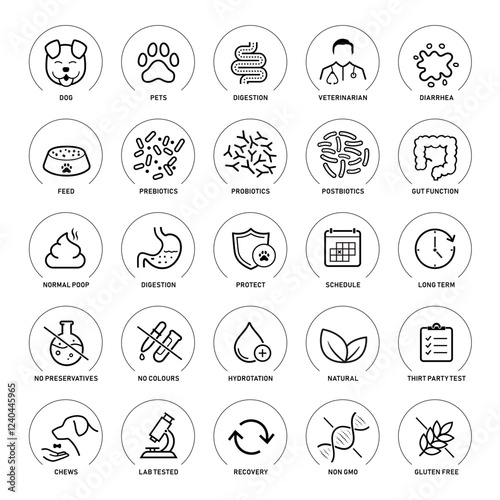 A set of icons for pets digestion diseases. The outline icons are well scalable and editable. Contrasting elements are good for different backgrounds. EPS10.	