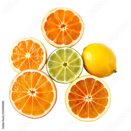 Citrus fruits, including grapefruit, lime, and lemon, cut open to reveal juicy interiors, isolated on a white background