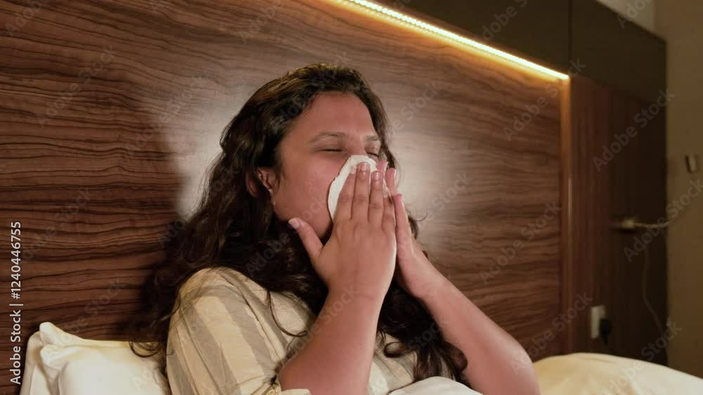 sick woman blowing her nose, ill woman lying in bed and sneezing in tissue paper pro res 422 stock video