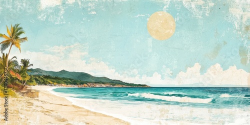 Tropical Beach Scene with Palm Trees and Ocean Waves