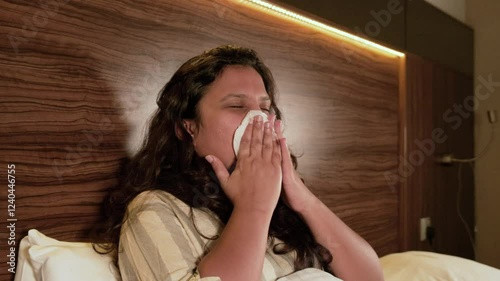 sick woman blowing her nose, ill woman lying in bed and sneezing in tissue paper pro res 422 stock video