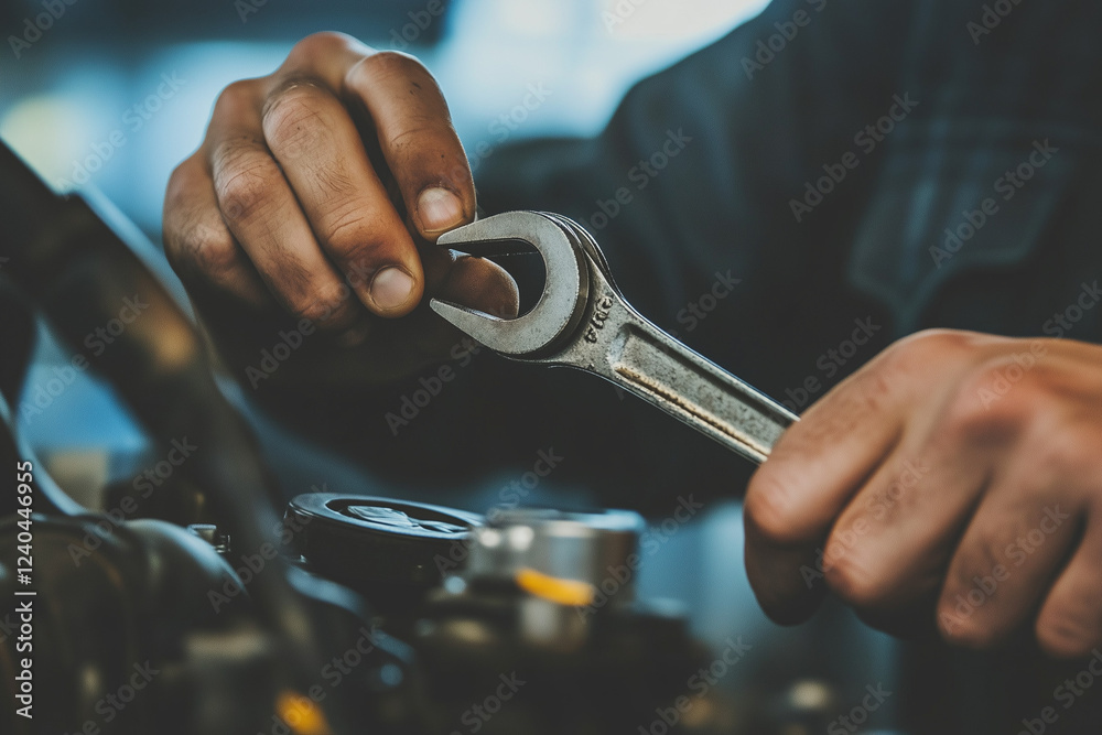 Fototapeta premium Mechanic using wrench to repair engine