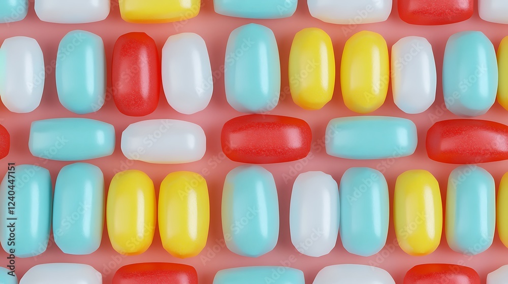 Colorful Candy Background with Bright Red Yellow Blue and White Gum Drops Arranged Symmetrically on a Pink Surface