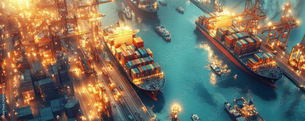 Obraz premium A bustling port scene at twilight, filled with illuminated cargo ships and towering cranes, reflecting the vibrancy of maritime trade.