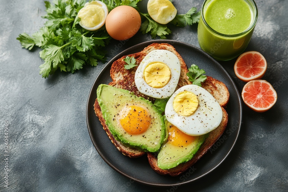 A vibrant breakfast plate featuring avocado toast topped with fried eggs, fresh herbs, citrus fruits, and a green smoothie. A vibrant breakfast plate featuring avocado toast topped with fried eggs, fresh herbs, citrus fruits, and a green smoothie.