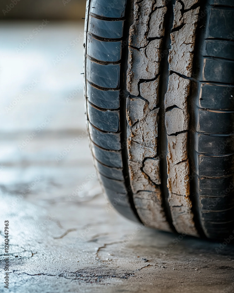 Obraz premium Close-up of a worn-out and cracked car tire on pavement.