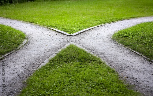Gravel Path Crossroads in Lush Green Grass,  Decision, Choice, Direction