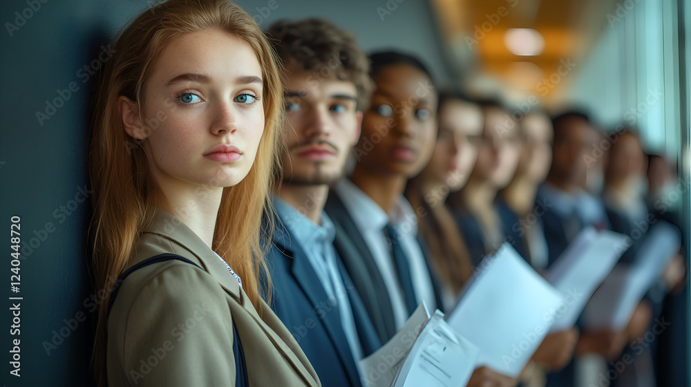 Fototapeta premium group of young business people standing in line against the wall, holding documents and looking sad and worried.