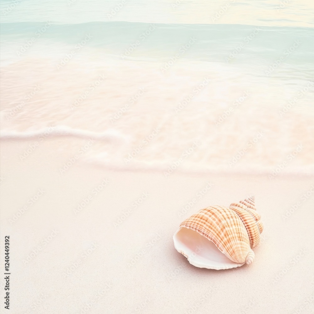 Seashell rests on pristine beach sand near ocean waves Seashell rests on pristine beach sand near ocean waves
