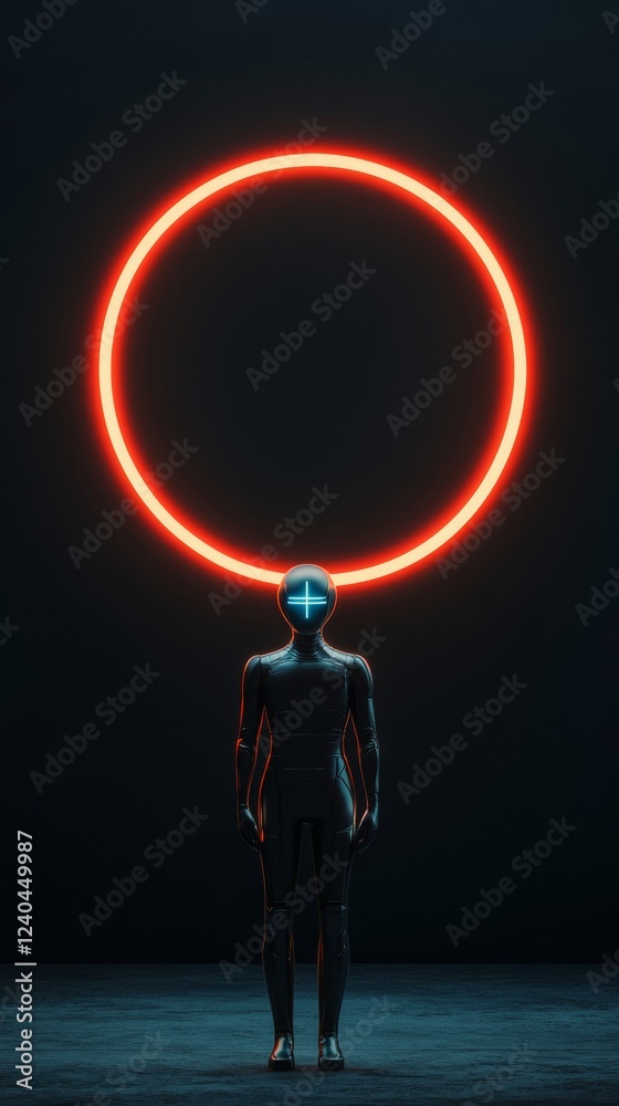 Obraz premium Neon Futurism in Digital Marketing Metallic Humanoid at Star Gate - Advanced Tech Art for Innovative Branding and Cultural Storytelling