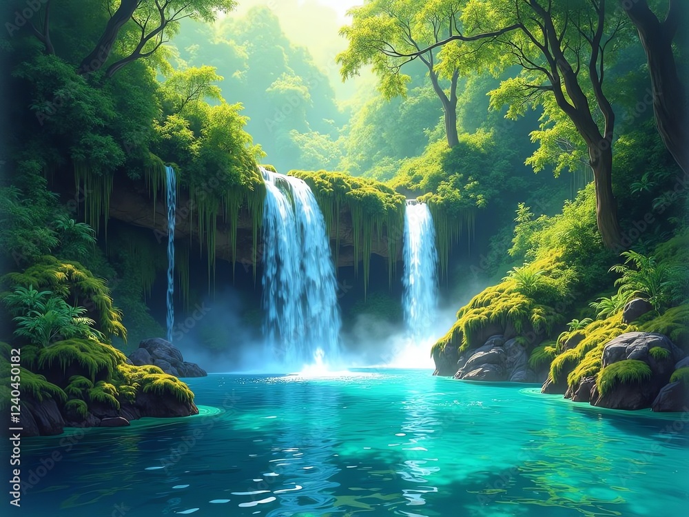 Fototapeta premium A mystical watercolor depiction of a hidden lagoon surrounded by lush jungle foliage, with turquoise waters shimmering under the sunlight, Small waterfalls trickle down moss-covered rocks