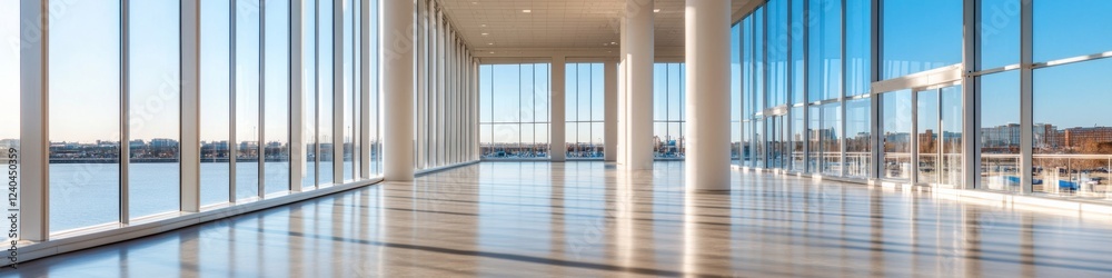 Fototapeta premium Sleek Convention Center Registration Digital Displays and Information Kiosks in Glass-Walled Venue - Streamlined Event Management for Tech-Savvy Industries