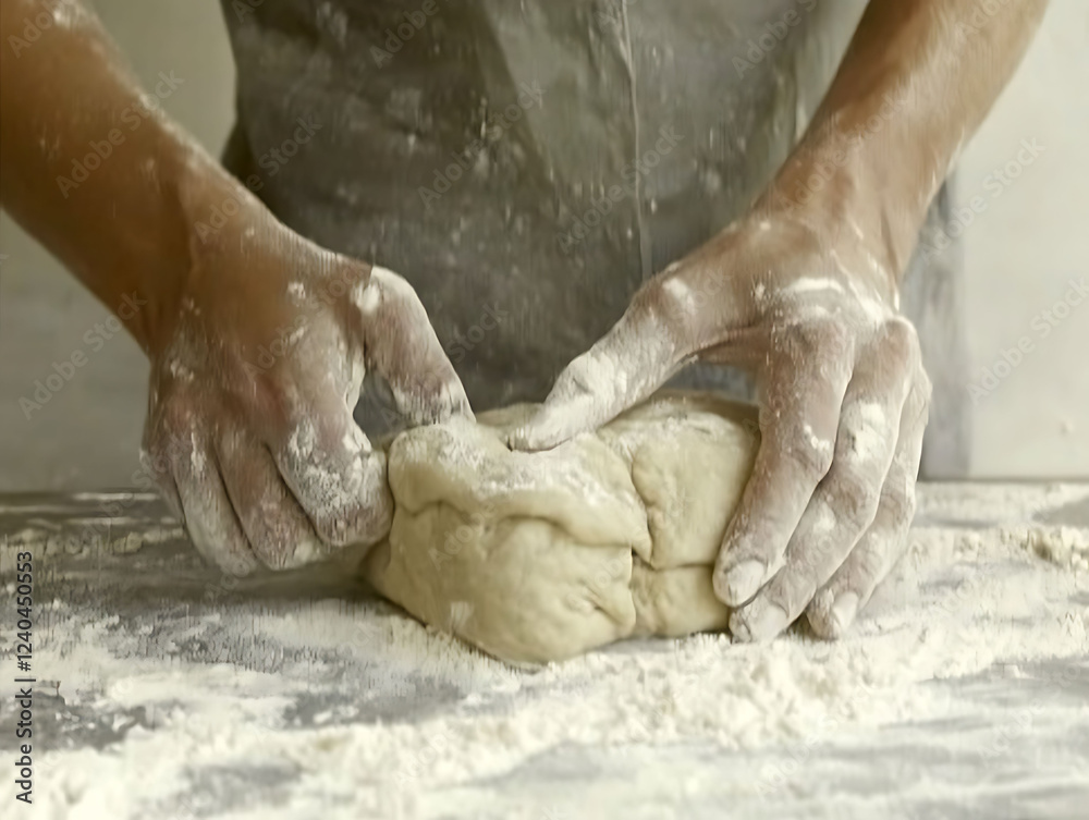 Fototapeta premium Closeup of hands kneading dough, showcasing the texture and process of bread making. Perfect for food blogs, recipe websites, or bakingrelated advertising.