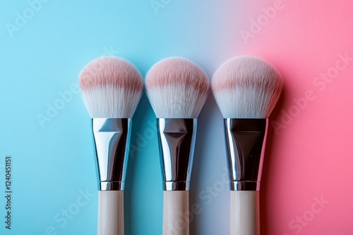 Soft makeup brushes arranged neatly against a pastel blue and pink backdrop in an artistic display