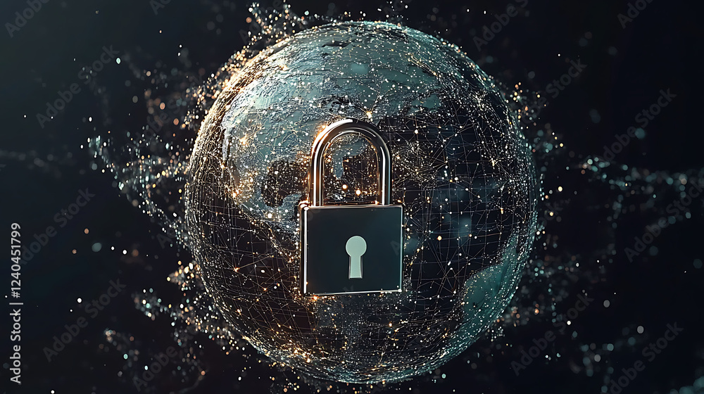Stunning 3D rendering of a padlock securing a digital globe, symbolizing global cybersecurity and data protection. Stunning 3D rendering of a padlock securing a digital globe, symbolizing global cybersecurity and data protection.