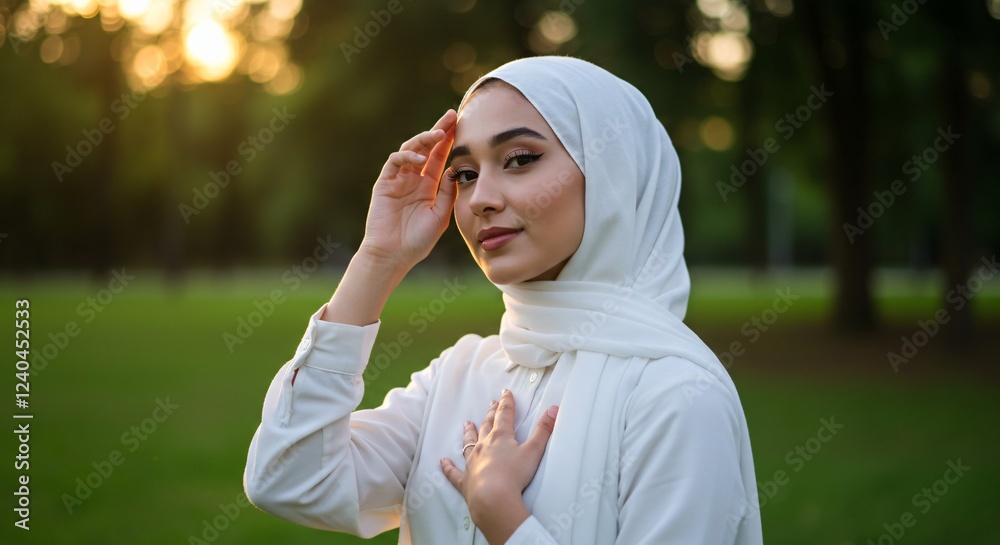 A confident young woman in a white hijab and blouse poses gracefully in a serene park setting during golden hour. Her poised expression and soft lighting enhance the elegance of the moment. A confident young woman in a white hijab and blouse poses gracefully in a serene park setting during golden hour. Her poised expression and soft lighting enhance the elegance of the moment.