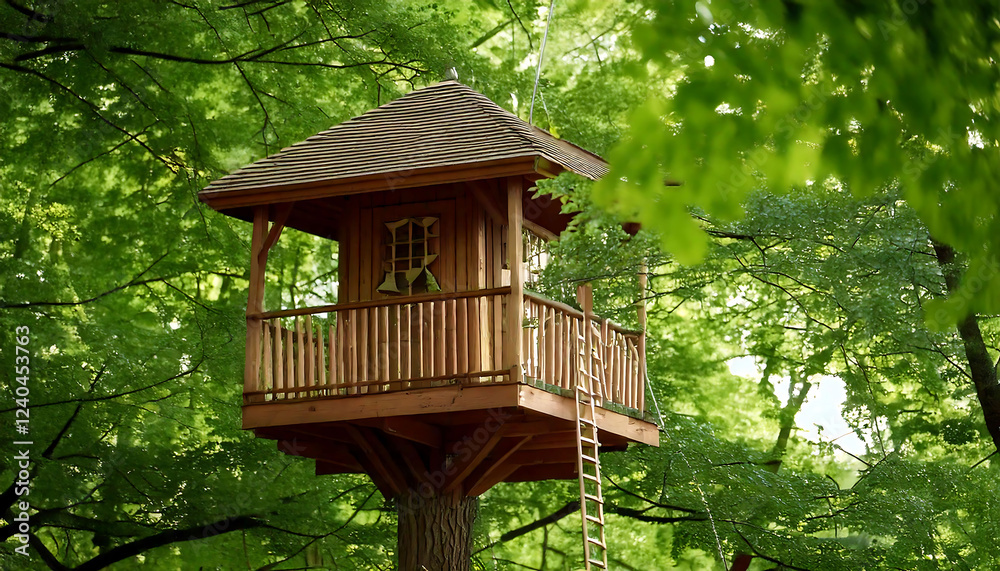 Rustic wooden treehouse nestled in a lush green forest. Perfect for children's book illustrations, travel brochures, or websites promoting outdoor adventure. Rustic wooden treehouse nestled in a lush green forest. Perfect for children's book illustrations, travel brochures, or websites promoting outdoor adventure.