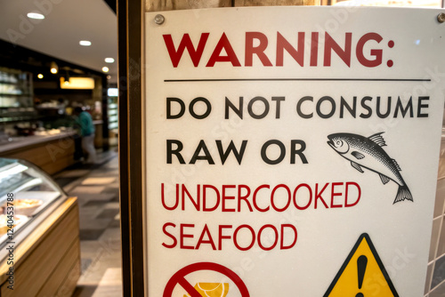 A warning sign advising against consuming raw or undercooked seafood, with a cautionary fish graphic and a yellow hazard symbol. photo