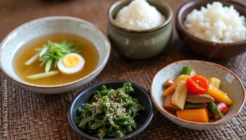 A Diverse Korean Meal: Authentic Dishes Arranged on Woven Surface