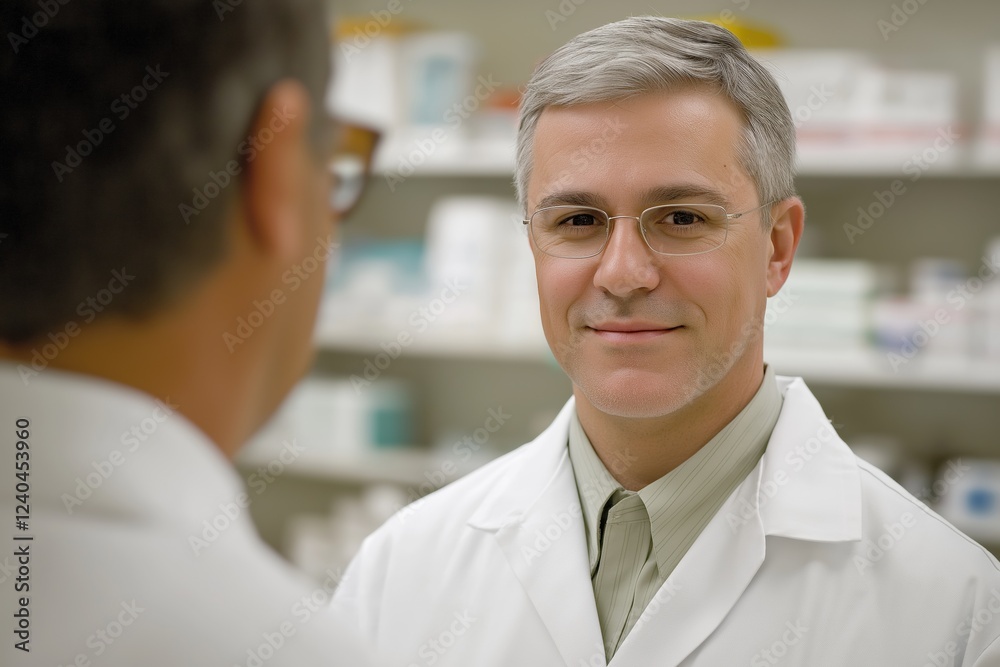 Two men in white lab coats are talking to each other. One of them is wearing glasses. The man with glasses is smiling Two men in white lab coats are talking to each other. One of them is wearing glasses. The man with glasses is smiling