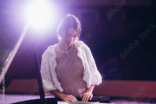 Elegant Pianist in Vintage Setting With Soft Lighting and Refined Composition photo