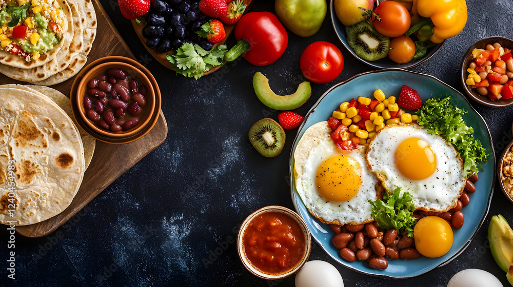 of a Mexican cooking station with fresh ingredients like avocados, tomatoes, onions, and cilantro ready to prepare tacos of a Mexican cooking station with fresh ingredients like avocados, tomatoes, onions, and cilantro ready to prepare tacos