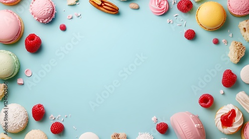 Colorful Flat Lay Arrangement of Various Sweet Treats Including Macarons, Meringues, and Fresh Berries