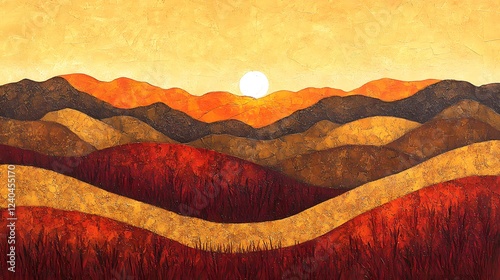 Sunset Over Rolling Hills Abstract Landscape Painting