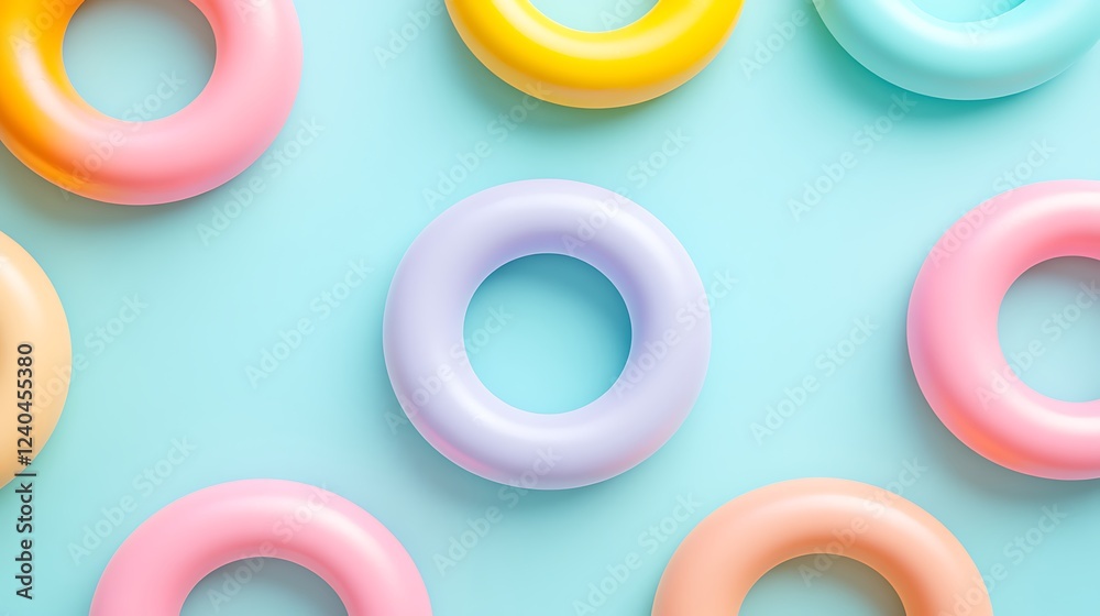 Colorful Floating Inflatable Rings on a Light Blue Background for Summer Fun and Pool Activities Colorful Floating Inflatable Rings on a Light Blue Background for Summer Fun and Pool Activities