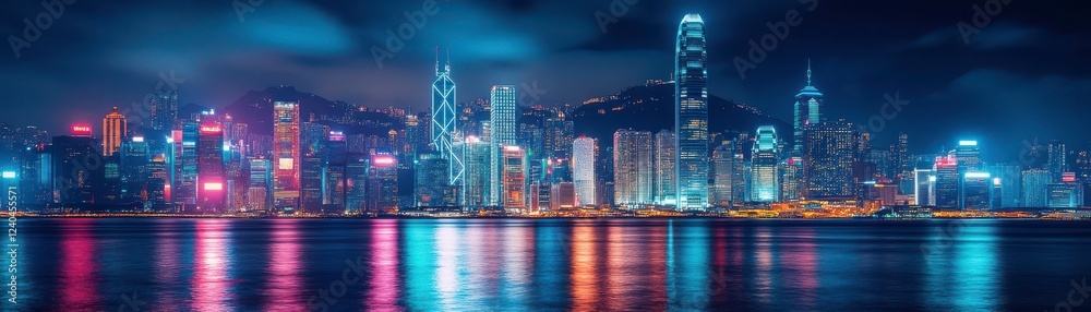 Fototapeta premium A vibrant city skyline at night, illuminated by colorful lights reflecting on the water, showcasing modern architecture and a bustling urban atmosphere.