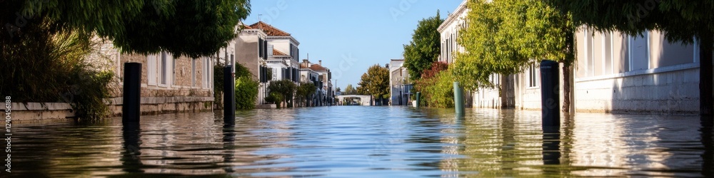Obraz premium Contemporary Environmental Visualization Elevated Urban Flood Levels Submerging Street Signs in Residential Zones - Essential Climate Emergency Awareness and Sustainable Urban Planning Imagery