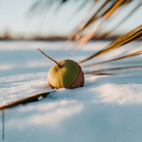 Surreal Tropical Snow Scene Green Coconut on Winter Snowfield - Climate Change Awareness and Eco Travel Marketing in Warm Regions photo