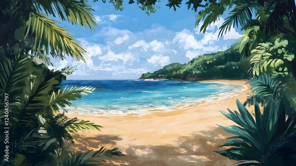 Fototapeta premium Scenic beach view framed by lush greenery, clear blue water meets sandy shoreline, perfect for relaxation and escape.