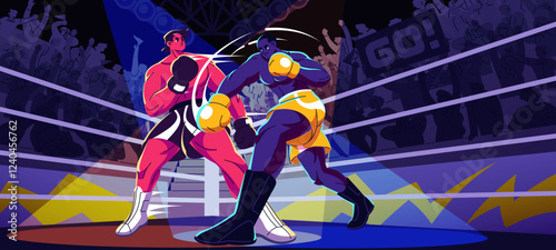 Professional boxers are fight in the ring. Sportsmen in box gloves hits with hand, punch competitor. Athletes boxing in sparring, strong fighters kickboxing in competition. Flat vector illustration