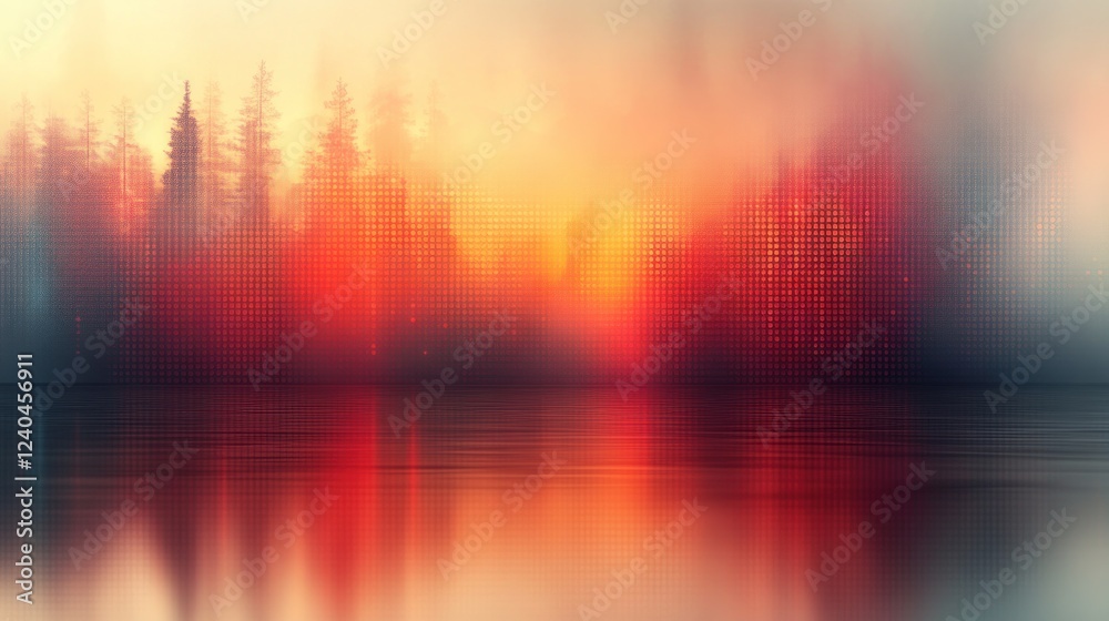 Cityscape sunrise reflection, misty forest background Cityscape sunrise reflection, misty forest background