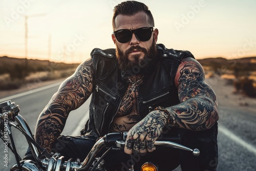 Rugged Biker with Full Sleeve Tattoos A muscular man with a rugged beard, sitting on a black motorcycle