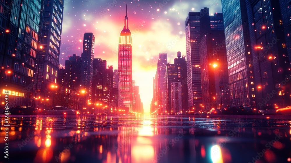 Obraz premium Cityscape sunrise, rain, street, buildings, night