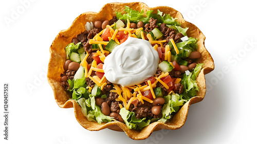 view of a Mexican taco salad served in a crispy tortilla bowl, filled with lettuce, beans, beef, cheese, and sour cream 