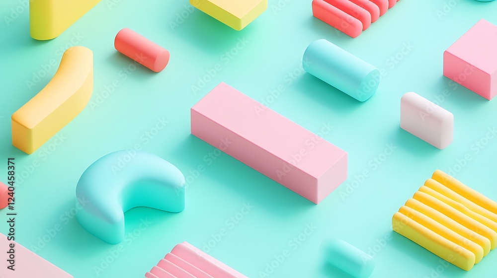 Fototapeta premium Colorful Geometric Shapes in Pastel Tones on a Soft Blue Background for Creative Design Inspiration