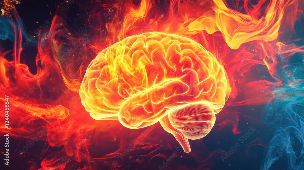 Obraz premium vibrant brain surrounded by abstract flames symbolizes passion and creativity, showcasing dynamic interplay of thought and emotion in visually striking manner