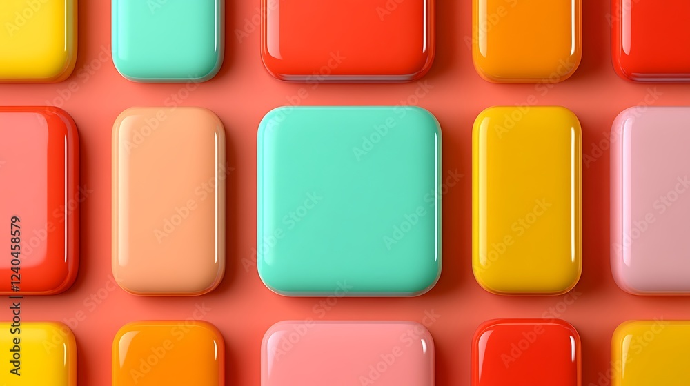 Colorful Geometric Shapes in Various Bright Shades on a Coral Background for Creative Design Projects Colorful Geometric Shapes in Various Bright Shades on a Coral Background for Creative Design Projects
