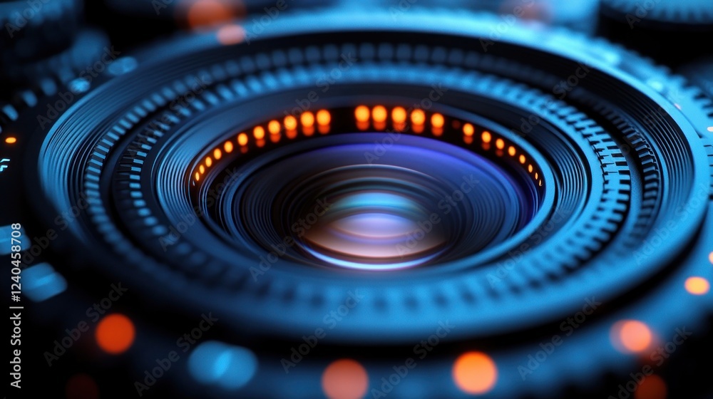 Close-up lens, glowing, studio, bokeh, tech Close-up lens, glowing, studio, bokeh, tech